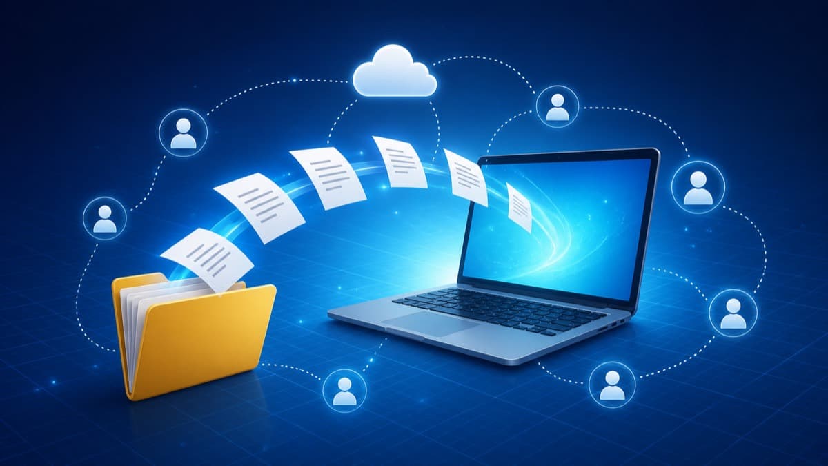 A folder of book files streaming through the cloud onto a laptop, connecting a network of readers.