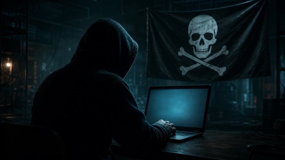A hooded figure at a laptop in a dark room beneath a skull-and-crossbones flag.