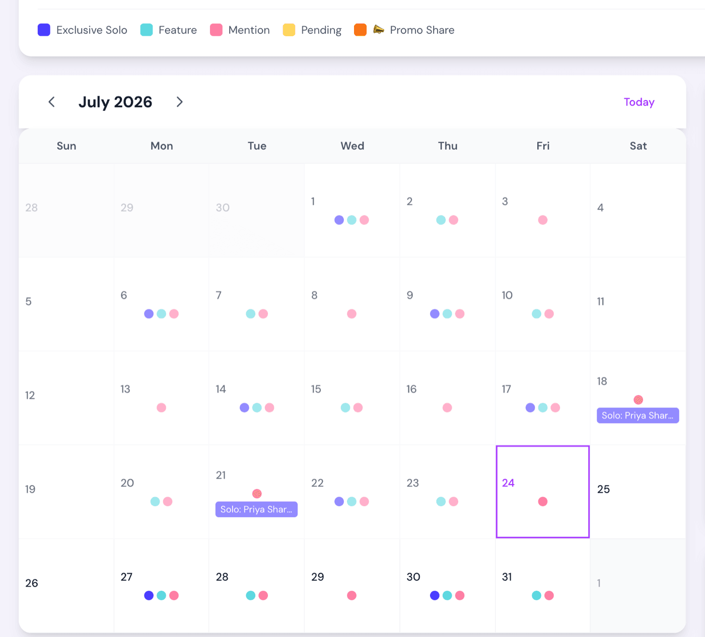 BookBridge swap calendar for July 2026, showing open, booked and pending days with the colour legend above the grid