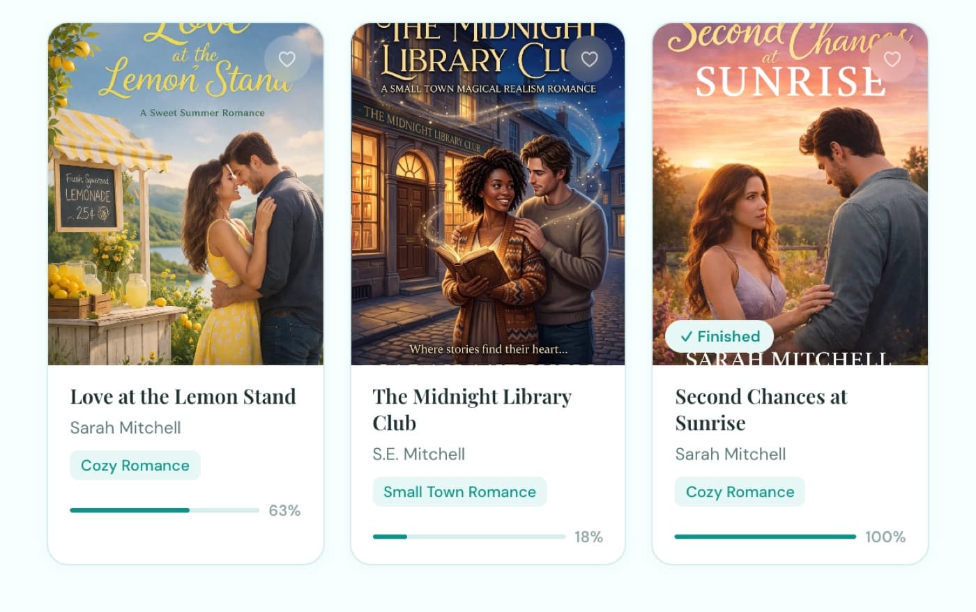 A reader's own ReaderBridge library: three delivered books with cover art and mixed reading progress