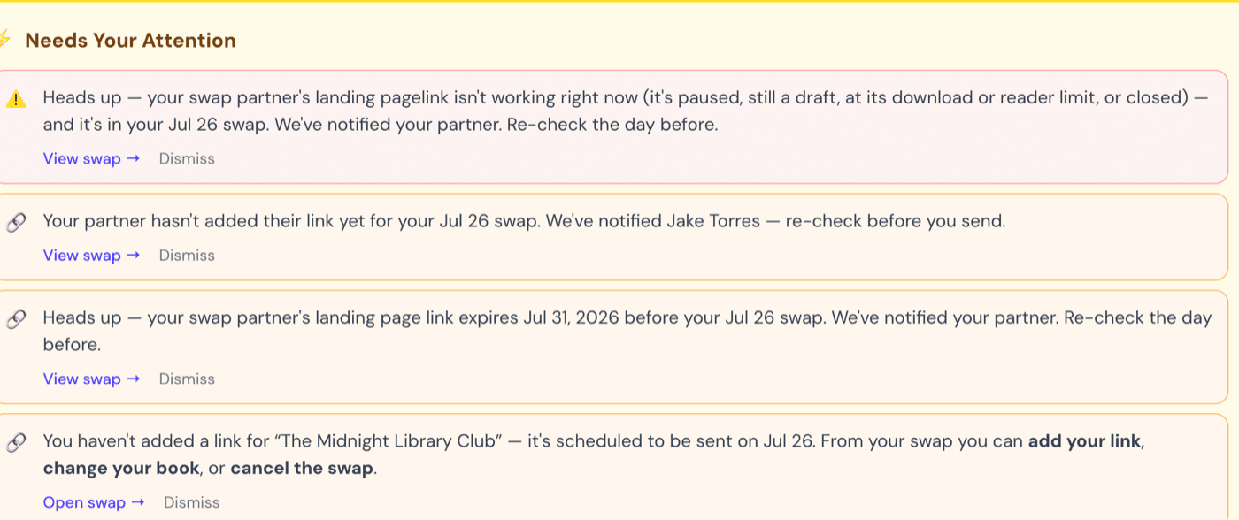 BookBridge Swap Link Health alerts: an unreachable partner page, a missing partner link, and a link expiring before the swap