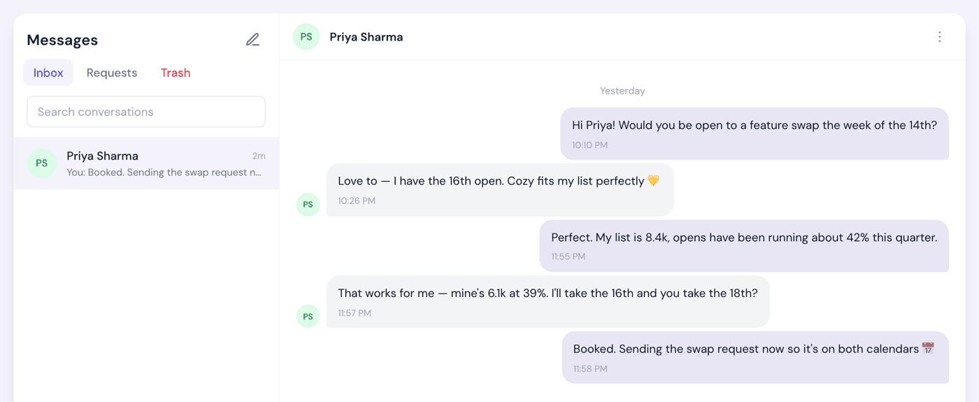 A BookBridge message thread negotiating swap dates and list sizes